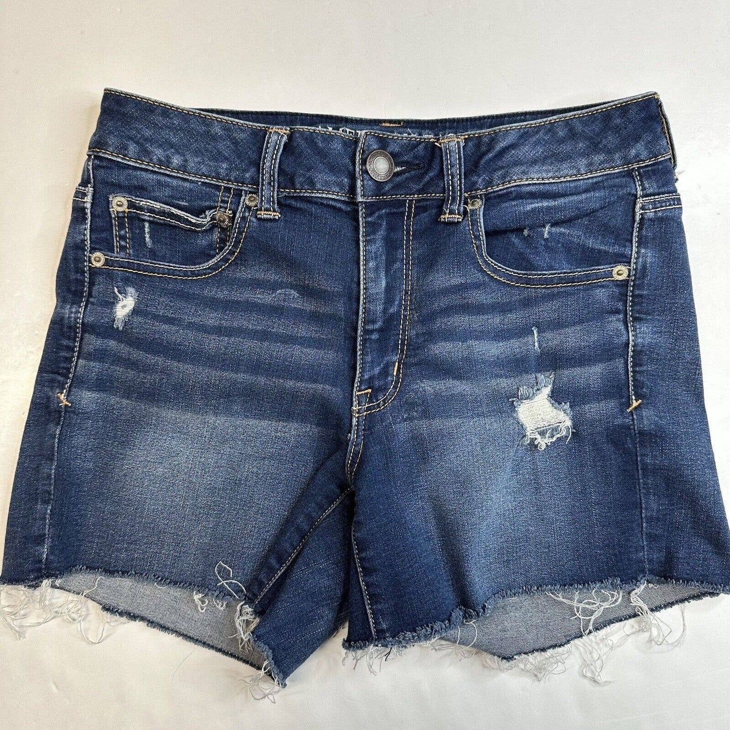 American Eagle Hi-Rise Shortie Sz 8 Super Super Stretch Denim Blue Jean Distress