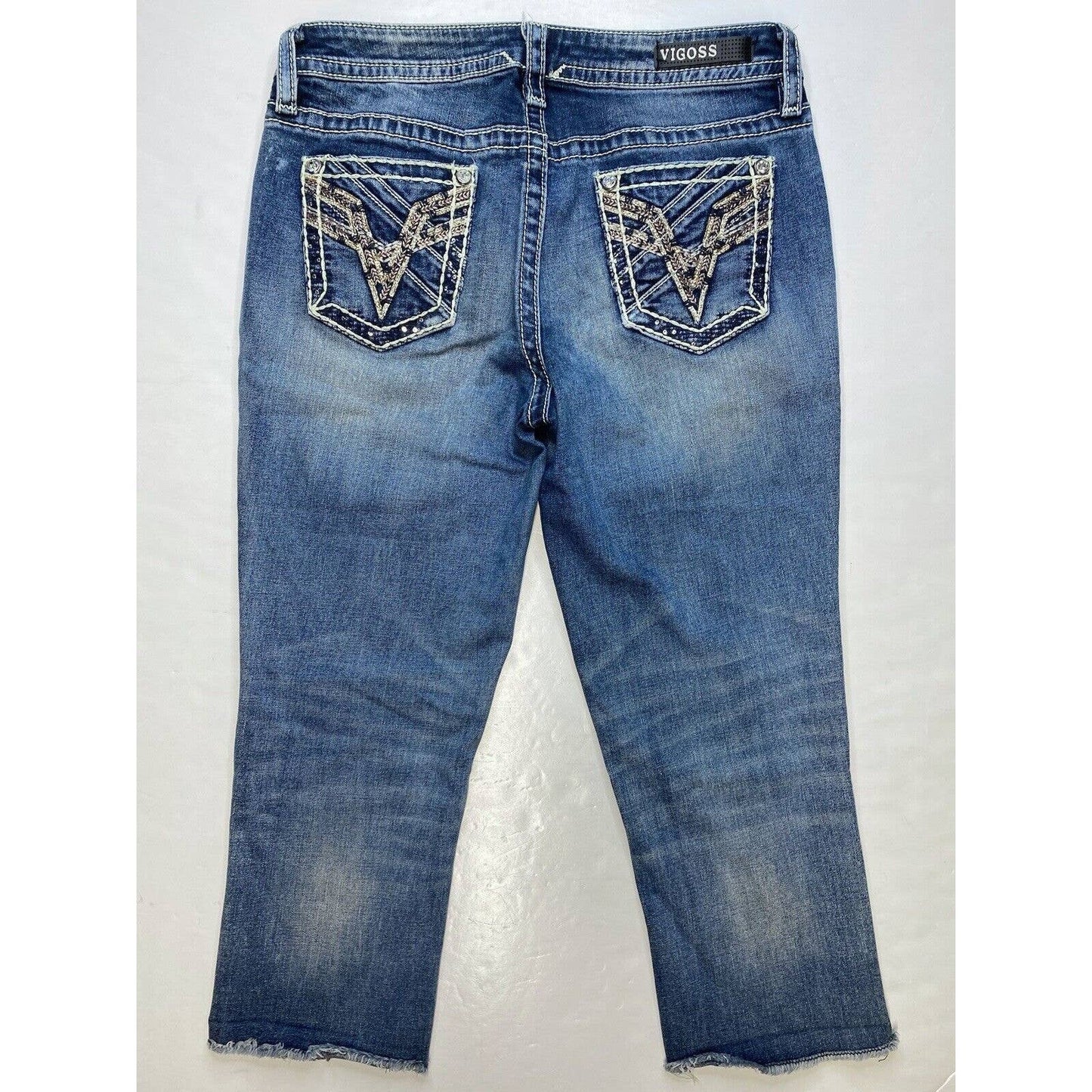 Vigoss Heritage Fit Capri Womens 8 Midrise Denim Crop Jeans Rhinestones Fray