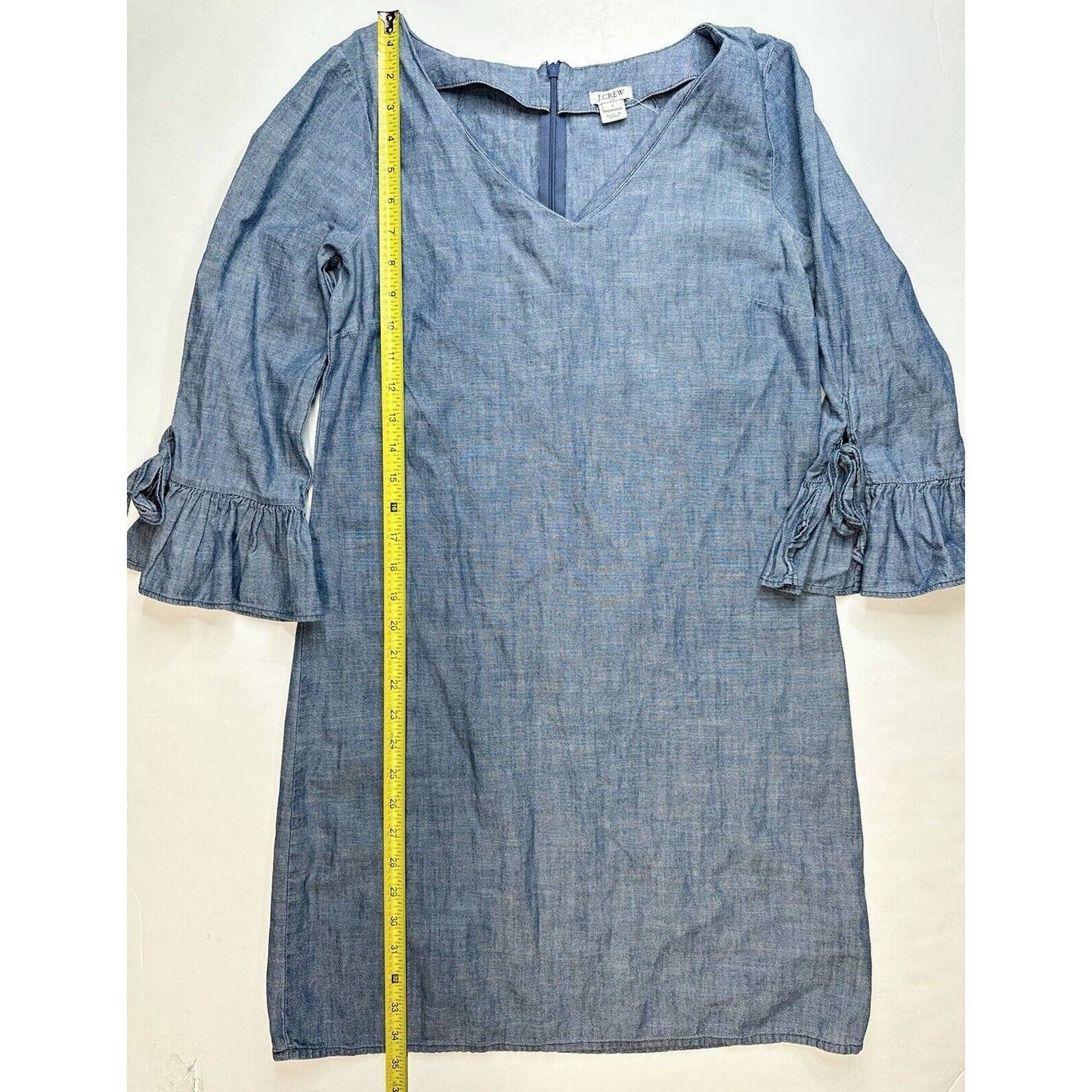 J Crew Chambray Shift Dress Womens 4 Blue Cotton Bell Flutter Long Sleeves Zip