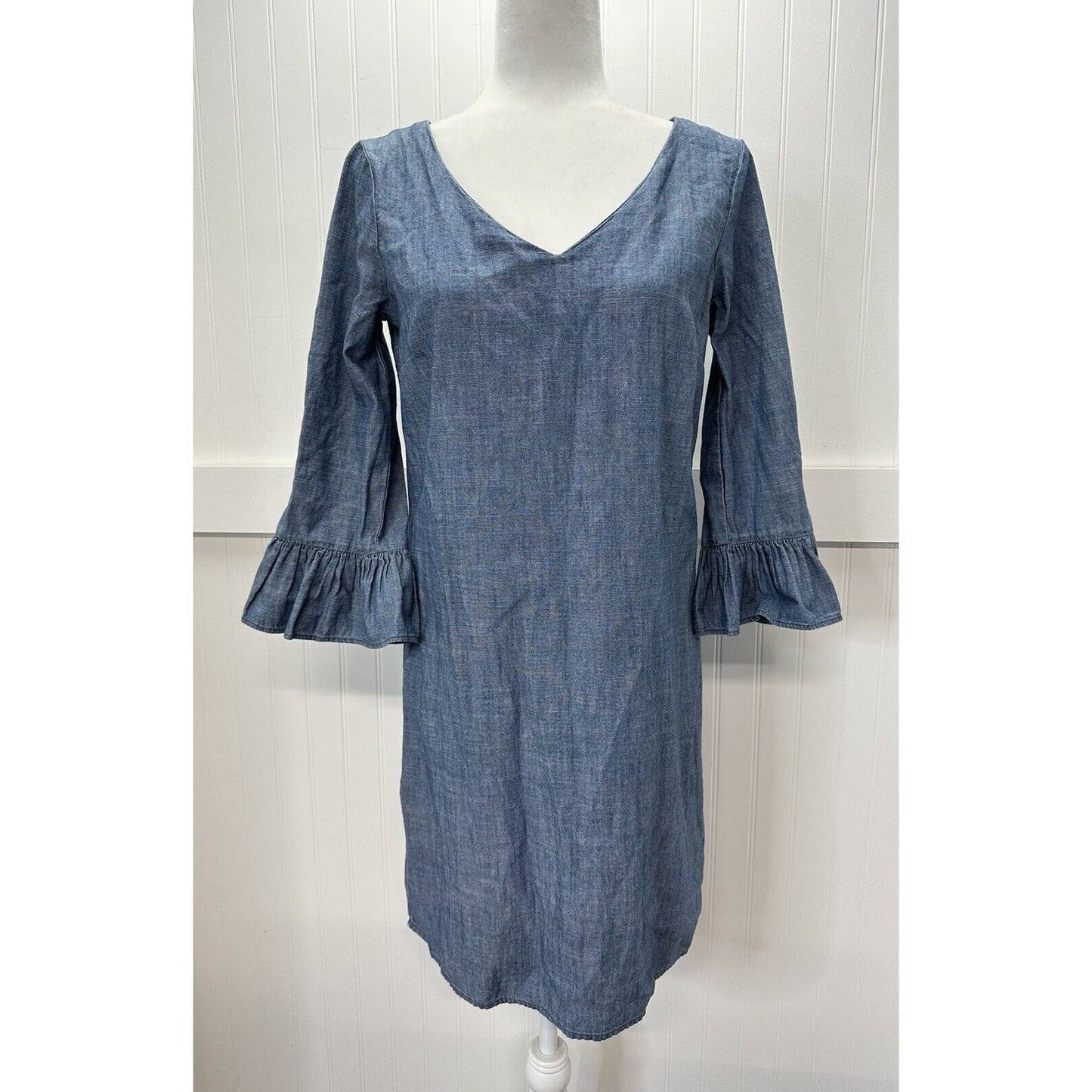 J Crew Chambray Shift Dress Womens 4 Blue Cotton Bell Flutter Long Sleeves Zip