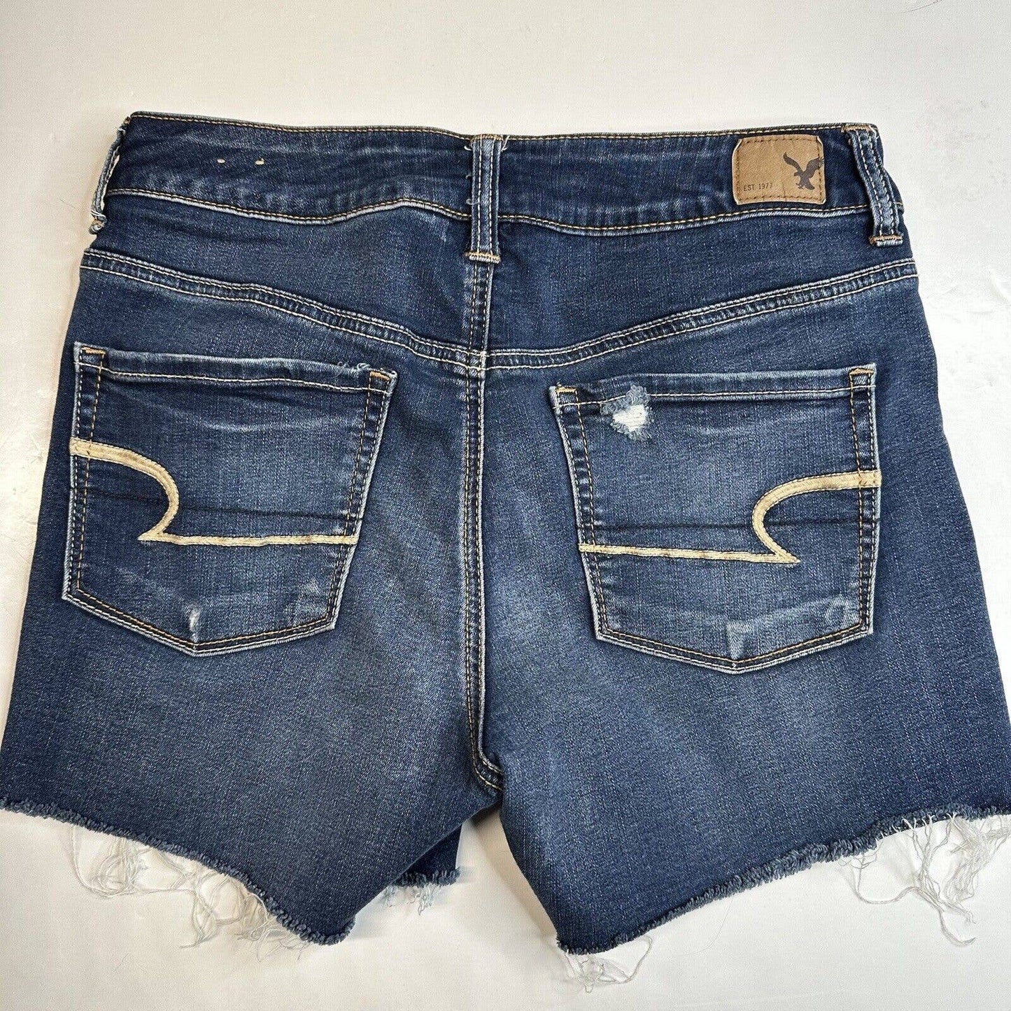 American Eagle Hi-Rise Shortie Sz 8 Super Super Stretch Denim Blue Jean Distress