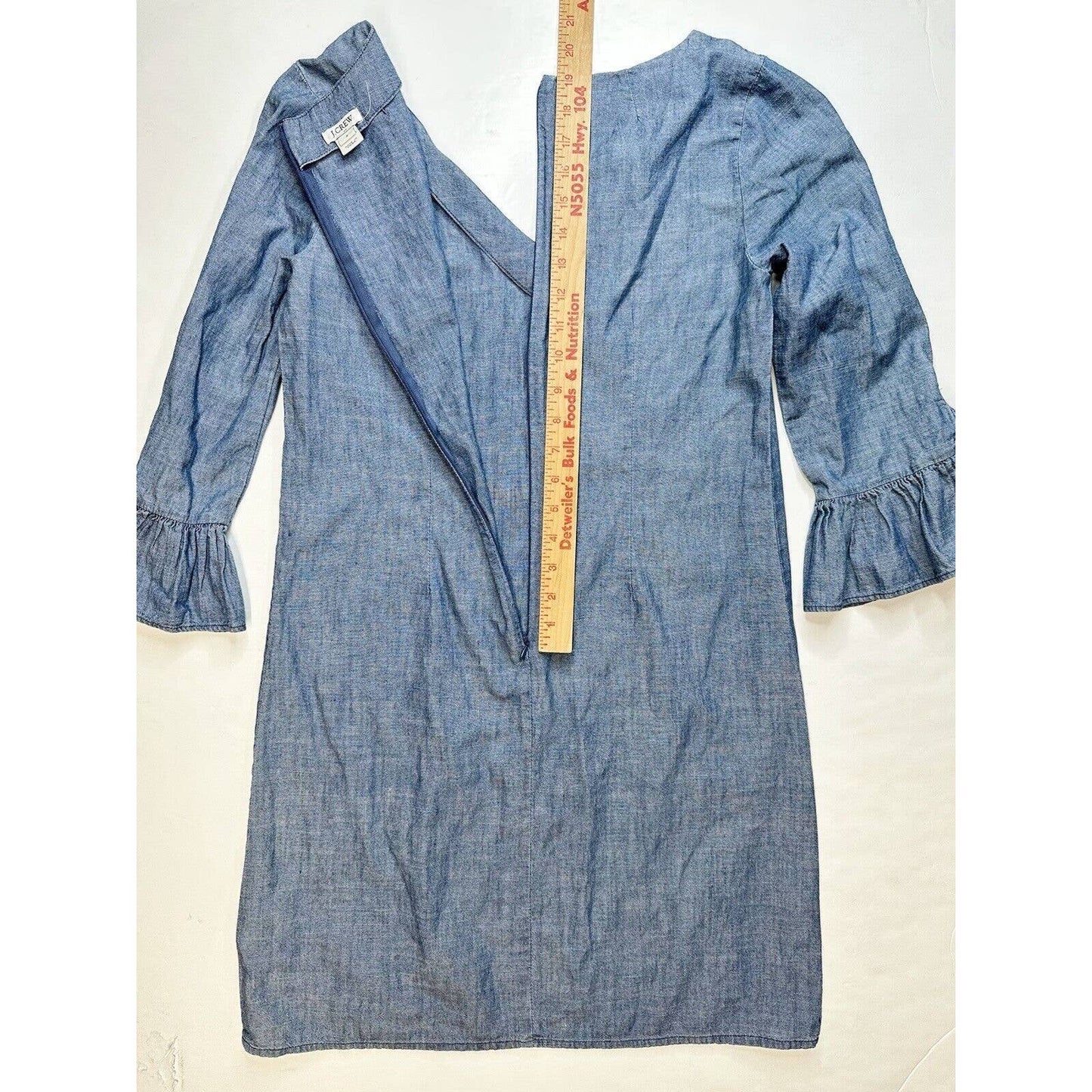 J Crew Chambray Shift Dress Womens 4 Blue Cotton Bell Flutter Long Sleeves Zip