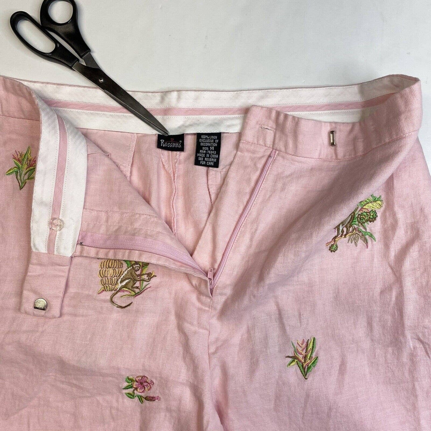 Rosanna Linen Wide Leg Crop Pant 14 (32"Waist) Pink Embroidered Monkeys Tropical